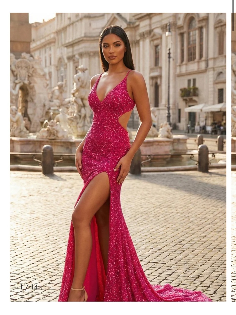 Fuchsia Sequin Cutout Prom Gown with Side Slit